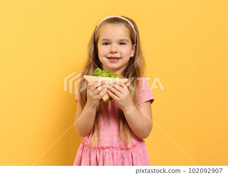 Cute little girl with tasty sandwich on yellow background Cute little girl with tasty sandwich on yellow background 102092907