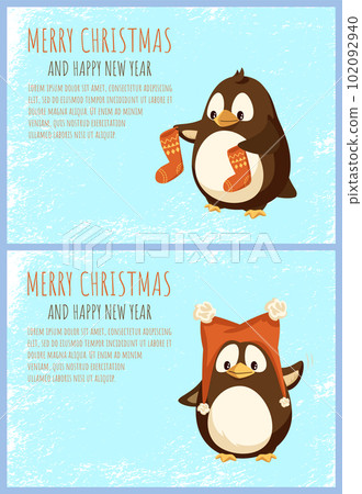 Merry Christmas Happy New Year greetings, Penguins 102092940