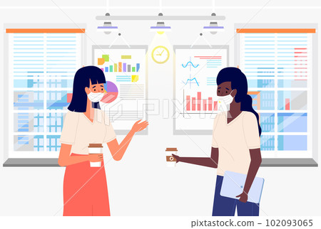 Women in masks working in the office. Positive communication of friends. Girl drinking coffee Women in masks working in the office. Positive communication of friends. Girl drinking coffee 102093065