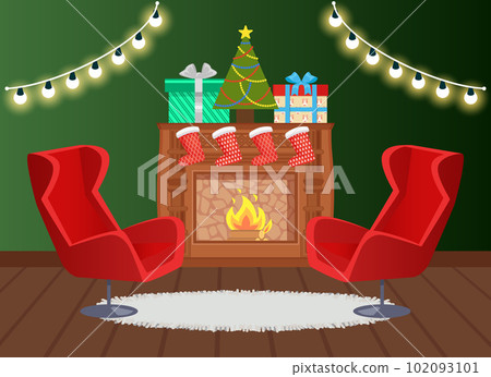 Fireplace with Armchair and Socks Presents on Top Fireplace with Armchair and Socks Presents on Top 102093101