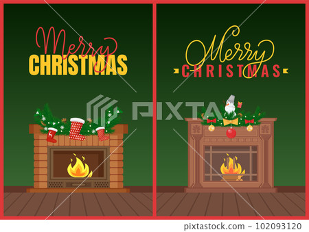 Merry Christmas Greetings, Luxury Brown Fireplace 102093120