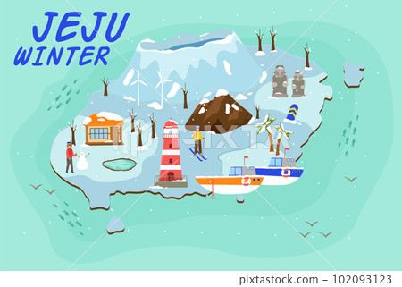 Jeju island travel map. Winter fun in uninhabited territory. Tourism during the snowy season 102093123