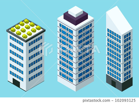 Skyscraper different building set with green plants on the roof flat style concept top view isolated 102093125