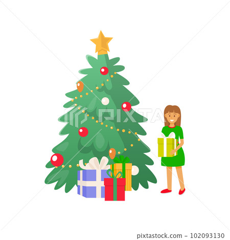 Christmas Tree and Kid Girl Holding Present Gift Christmas Tree and Kid Girl Holding Present Gift 102093130