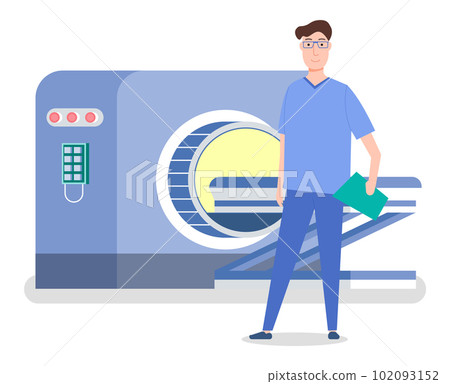 Magnetic resonance therapy . Doctor in blue suit is standing near apparatus for computed tomography Magnetic resonance therapy . Doctor in blue suit is standing near apparatus for computed tomography 102093152