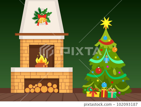 Holiday Interior, Fir-tree and Fireplace Vector 102093187