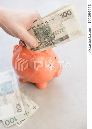 Rich man from Poland. Hand  putting a lot of polish money into a piggy bank 102094438
