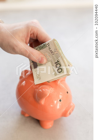 Rich man from Poland. Hand putting a lot of polish money into a piggy bank Rich man from Poland. Hand putting a lot of polish money into a piggy bank 102094440