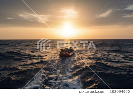 refugees in boat crossing the sea refugees in boat crossing the sea 102094900
