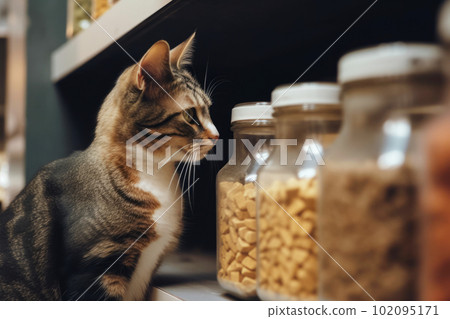 Cute cat in a pet store looking and choosing its own food. Generative AI 102095171