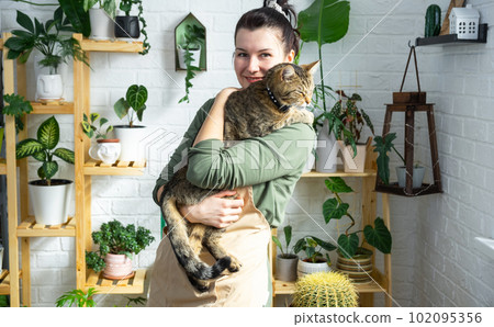 Woman holding pet cat in her arms near her collection of rare species home potted plants on shelf in interior of house. Home plant growing, green house, natural living corner 102095356