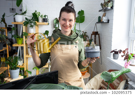 A woman waters home plants from her collection of rare species from a watering can, grown with love on shelves in the interior of the house. Home plant growing, green house, water balance 102095375