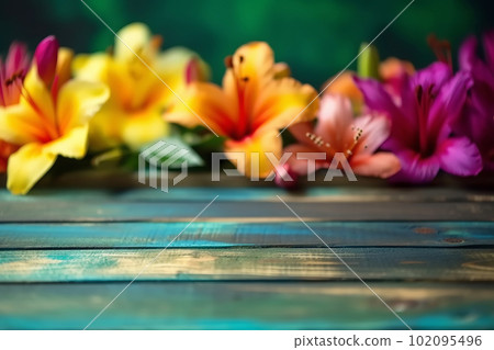 Empty wooden tabletop with colorful flowers background for advertising and presentation. Selective focus on tabletop. Generative AI illustration 102095496