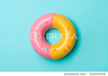 Inflatable pink and yellow donut ring floating on a blue background. Generative AI illustration 102095509