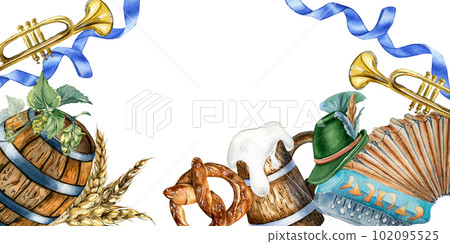 Wooden barrel, pint beer, accordion, rye watercolor illustration isolated on white. Wooden barrel, pint beer, accordion, rye watercolor illustration isolated on white. 102095525