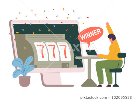 Woman playing casino gambling poker online. Man sitting at desk and winning jackpot in internet. Lucky chance Woman playing casino gambling poker online. Man sitting at desk and winning jackpot in internet. Lucky chance 102095538