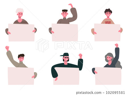 People with placards. Female and male characters holding empty banner in hands. Happy activists expressing opinions People with placards. Female and male characters holding empty banner in hands. Happy activists expressing opinions 102095581