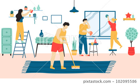 People do home cleaning. Family doing houseclean, man sweeping carpet with a brush, man and woman cleaning window 102095586