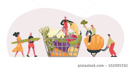 People carrying raw ingredients, vegetables. Tiny characters putting products into basket. Man bringing pumpkin People carrying raw ingredients, vegetables. Tiny characters putting products into basket. Man bringing pumpkin 102095592