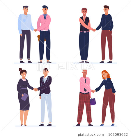 Office workers shake hands, businessmen agreement or deal complete, greeting handshake vector illustration set 102095622