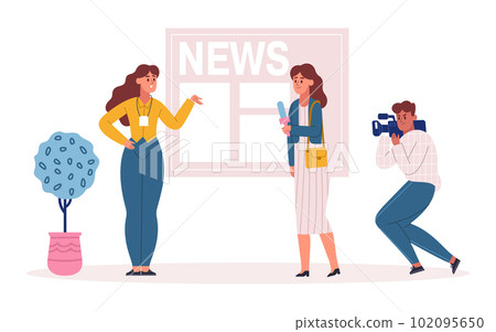 Journalist and operator recording news, interviewing celebrity person vector illustration. Reporter with microphone Journalist and operator recording news, interviewing celebrity person vector illustration. Reporter with microphone 102095650