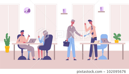 Handicapped people working in office. Inclusive workplace with people with disabilities. Men with hand and leg prosthesis 102095676