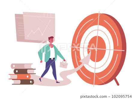 Business goals achievements. Cartoon male employee with briefcase going to aim, office worker with ambition 102095754