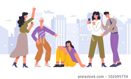 Bullying problem concept. Cartoon scared and lonely female character surrounded by group of aggressive bullies 102095759