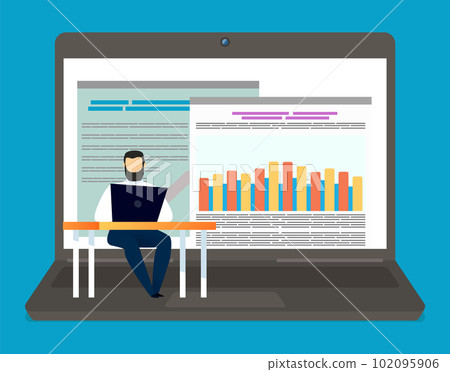 Man talks to other people on the computer screen. Conference video call, working from laptop Man talks to other people on the computer screen. Conference video call, working from laptop 102095906
