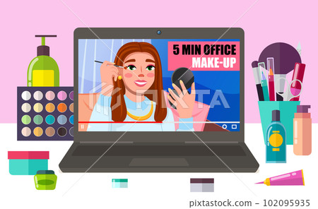 Girl is making up on video. Beautiful girl paints her eyes on video training. Cosmetics on the table Girl is making up on video. Beautiful girl paints her eyes on video training. Cosmetics on the table 102095935