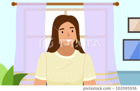 Young woman standing in livingroom interior near the windows with curtains. Smiling girl portrait Young woman standing in livingroom interior near the windows with curtains. Smiling girl portrait 102095936