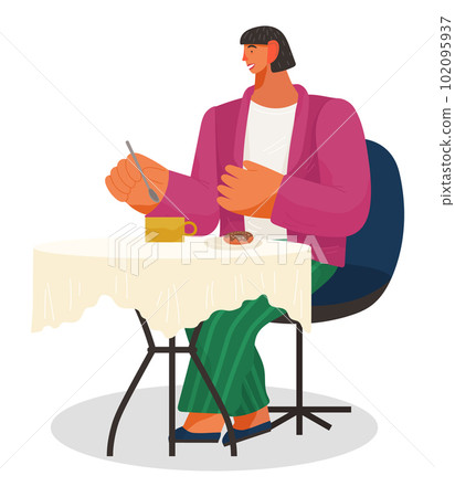 Young woman sitting on chair at a table eating donut drinking coffee. Female character having lunch Young woman sitting on chair at a table eating donut drinking coffee. Female character having lunch 102095937