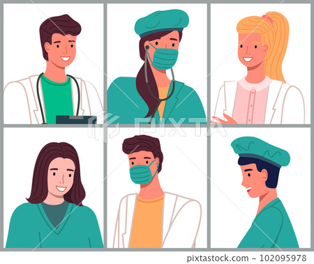 Avatars characters doctors and nurses set. Medical people icons of faces on a white background 102095978