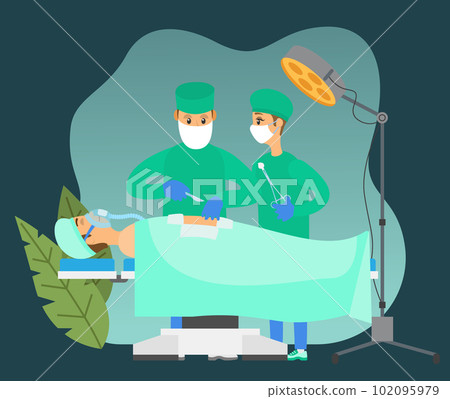 Specialists with patient surrounded by leaves. Surgeons perform the operation and make an incision 102095979