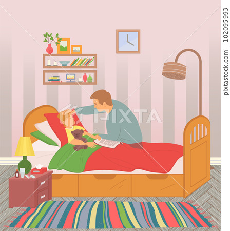 Father touches forehead to sick son lying in bed in room. Child care, parenthood concept Father touches forehead to sick son lying in bed in room. Child care, parenthood concept 102095993