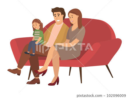 A man and a woman are sitting on a large sofa. The girl with two ponytails sits on her dad s lap A man and a woman are sitting on a large sofa. The girl with two ponytails sits on her dad s lap 102096009