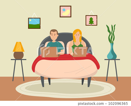 Man and woman lying on the bed, holding a laptops. Relaxing at home concept vector flat design 102096365