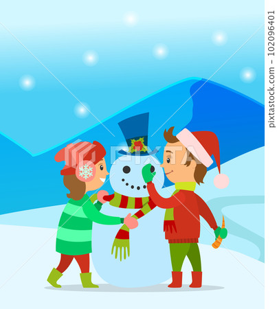 Happy children sculpts a snowman in the park. Winter illustration of a girl and boy making snowman Happy children sculpts a snowman in the park. Winter illustration of a girl and boy making snowman 102096401