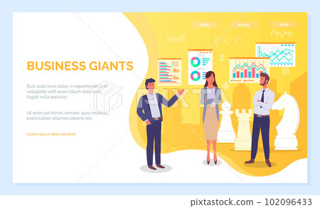 Business giants, top companies of the highest level. Office worker standing near big chess pieces Business giants, top companies of the highest level. Office worker standing near big chess pieces 102096433