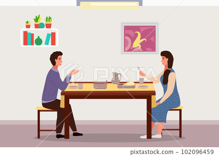 Couple is eating indian food. Characters in relationship are having date in their apartment 102096459