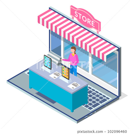 Illustration of online shopping concept. Opened laptop with awning, girl seller behind the counter 102096460