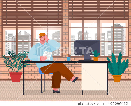 Surprised young man businessman siting at a table in office room and holding a hand near his head Surprised young man businessman siting at a table in office room and holding a hand near his head 102096462