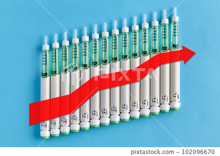 Diabetic insulin pens lined up in an ascending chart with a red uptrend arrow on a blue background 102096670