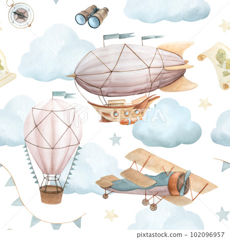 Watercolor seamless pattern with vintage cute fairy tale cartoon clouds, retro plane, hot air baloon, aerostat and blue flags, binoculars, compass, map, and yellow stars on white background Watercolor seamless pattern with vintage cute fairy tale cartoon clouds, retro plane, hot air baloon, aerostat and blue flags, binoculars, compass, map, and yellow stars on white background 102096957