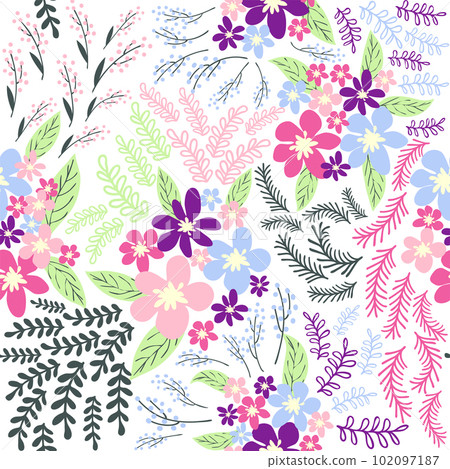 Fantasy seamless floral pattern with blue, pink, purple, red, orange flowers and leaves. Elegant template for fashion Fantasy seamless floral pattern with blue, pink, purple, red, orange flowers and leaves. Elegant template for fashion 102097187