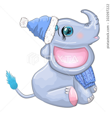 Cute cartoon elephant, childish character with beautiful eyes wearing santa hat, scarf, holding gift, christmas ball 102097222