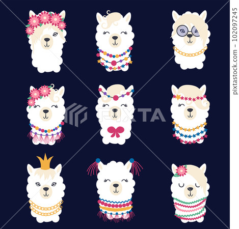 Llama set of cute animals. White alpaca with different muzzles 102097245
