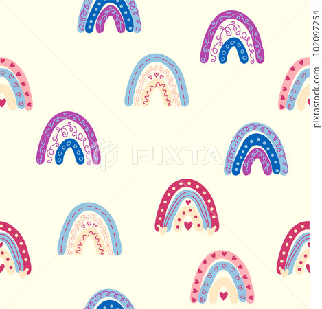 Seamless pattern graceful rainbows in boho colors. Scandinavian baby hand style for newborns. Seamless pattern graceful rainbows in boho colors. Scandinavian baby hand style for newborns. 102097254
