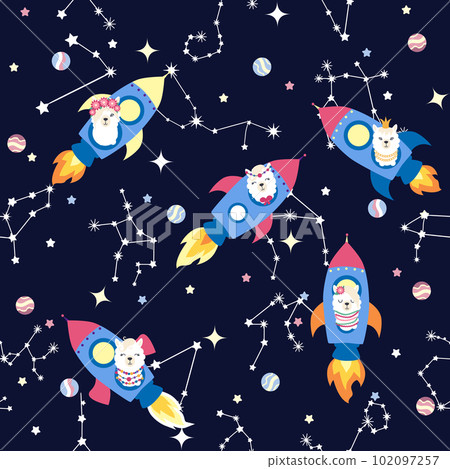 Seamless pattern with lama in a rocket, in space. Lama travels, adventures among the stars. Cute pattern with alpaca 102097257