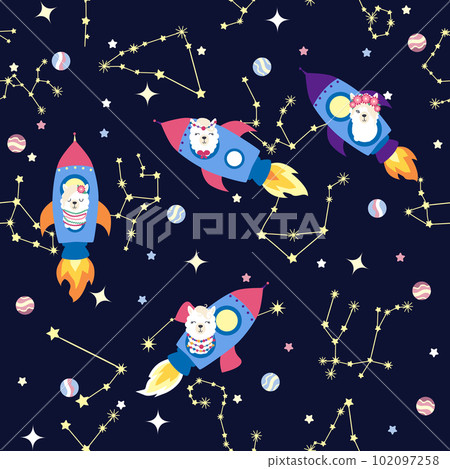 Seamless pattern with lama in a rocket, in space. Lama travels, adventures among the stars. Cute pattern with alpaca 102097258